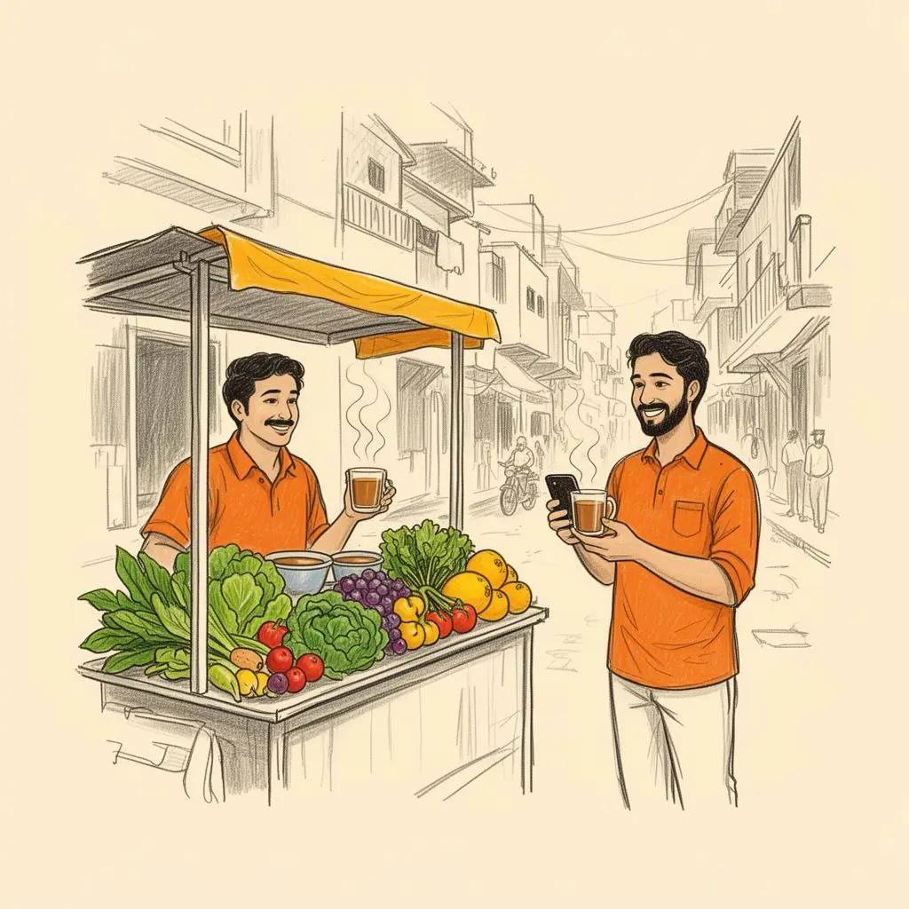 A street food stall owner handing over chaat to a smiling customer who just ordered on his phone